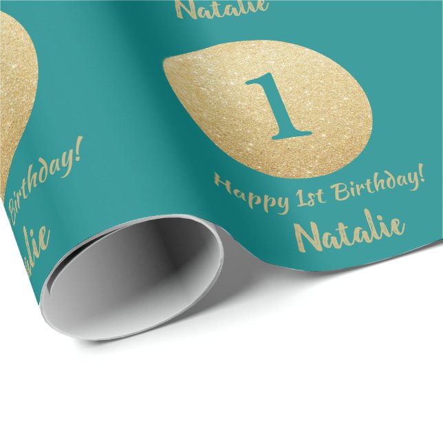 Lycklig 15:e födelsedagen Teal och Guld Glitter Presentpapper (Rullad Hörn)