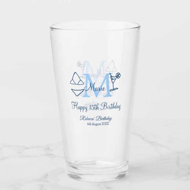 Lycklig 15: e födelsedagsblått lägg till namn mono glaskopp (Framsida)