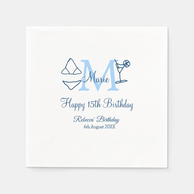 Lycklig 15: e födelsedagsblått lägg till namn mono pappersservett (Framsidan)