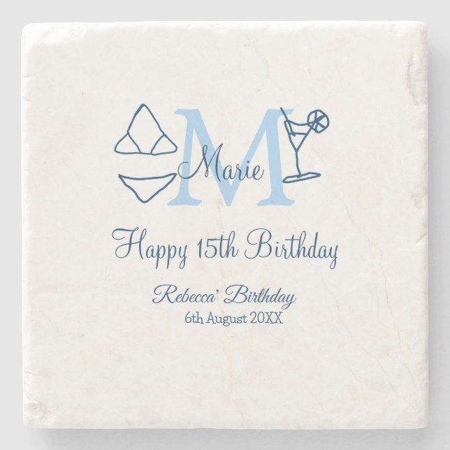 Lycklig 15: e födelsedagsblått lägg till namn mono stenunderlägg (Framsidan)