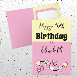 Lycklig 16-årsdag namn rosa gult kort
