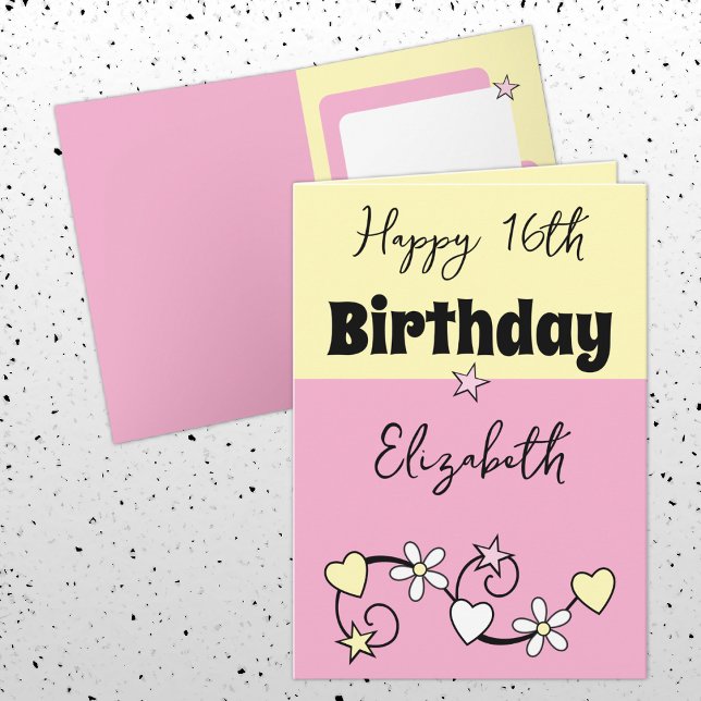 Lycklig 16-årsdag namn rosa gult kort (Skapare uppladdad)