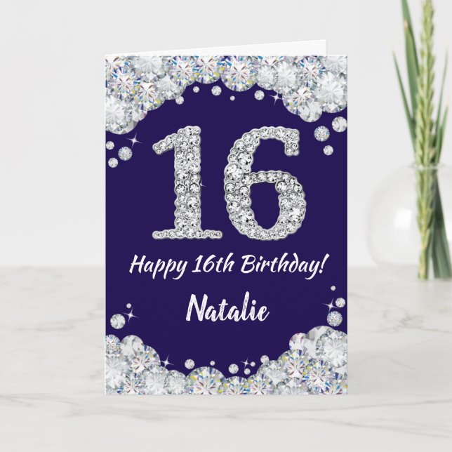 Lycklig 16:e födelsedag Blått och Silver Glitter Kort (Framsida)