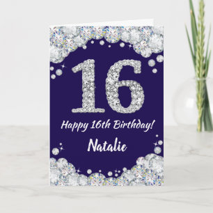 Lycklig 16:e födelsedag Blått och Silver Glitter Kort