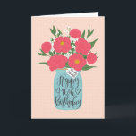 Lycklig 16:e födelsedag Friend w/ Mason Burk of Fl Kort<br><div class="desc">En Mason burk fyllde med en härlig massa peonier och vita blommor med handskriften ord 'För min vän' på märkrn och 'Lycklig 16:e födelsedagen' på Mason burk. Perfektens födelsedagskort för att fira din väns födelsedag! © Ness Nordberg</div>
