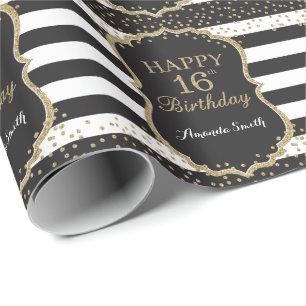 Lycklig 16:e födelsedag Guld Glitter Wrapping Pap Presentpapper