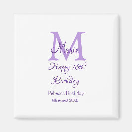 Lycklig 16:e födelsedag lila lägg till namn monogr magnet
