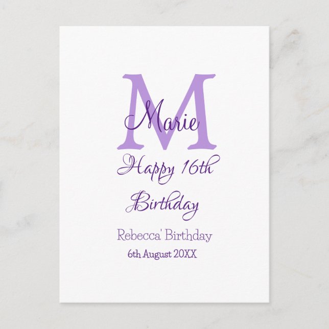 Lycklig 16:e födelsedag lila lägg till namn monogr vykort (Framsida)