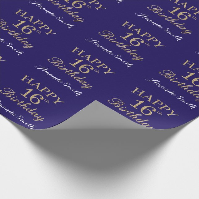 Lycklig 16:e födelsedagen Guld Glitter och marinbl Presentpapper (Hörn)
