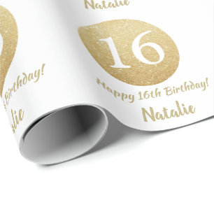 Lycklig 16:e födelsedagen Guld Glitter och vit Presentpapper