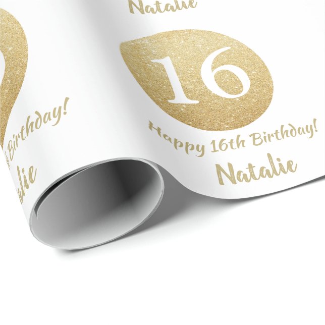 Lycklig 16:e födelsedagen Guld Glitter och vit Presentpapper (Rullad Hörn)