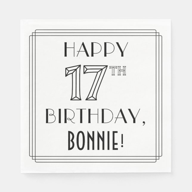 LYCKLIG 17:E BIRTHDAY; Art Deco Stil; eget namn Pappersservett (Framsidan)