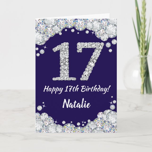 Lycklig 17:e födelsedag Blått och Silver Glitter Kort (Framsida)