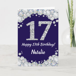 Lycklig 17:e födelsedag Blått och Silver Glitter Kort