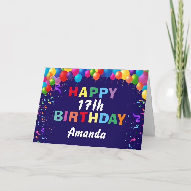 Lycklig 17:e födelsedag, färgstarka ballonger, mar kort (Framsida)