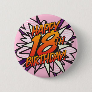 LYCKLIG 18:E BIRTHDAY Rosa Roligt Retro Tecknad Bo Knapp