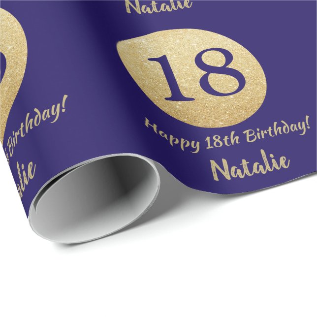 Lycklig 18:e födelsedag Blått och Guld Glitter Presentpapper (Rullad Hörn)