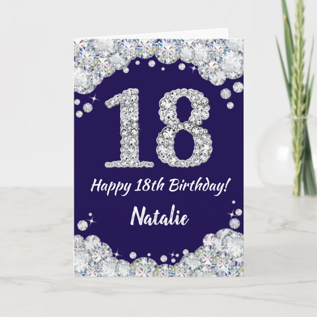 Lycklig 18:e födelsedag Blått och Silver Glitter Kort (Framsida)