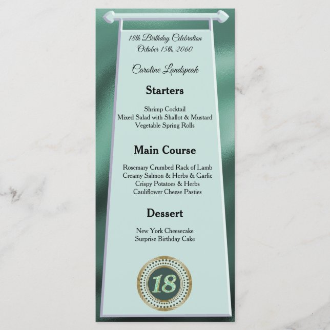 Lycklig 18:e födelsedag Grönt Glitter Foil Menu Meny (Framsida)