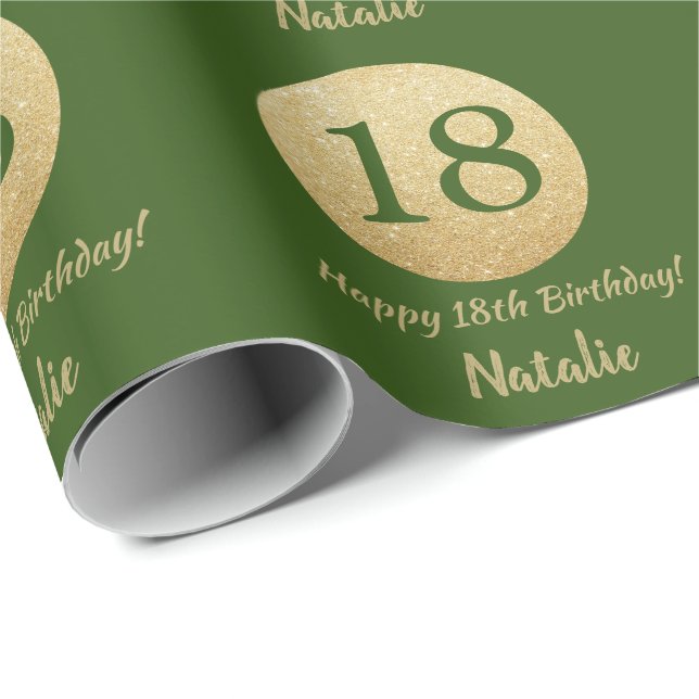 Lycklig 18:e födelsedag Grönt och Guld Glitter Presentpapper (Rullad Hörn)