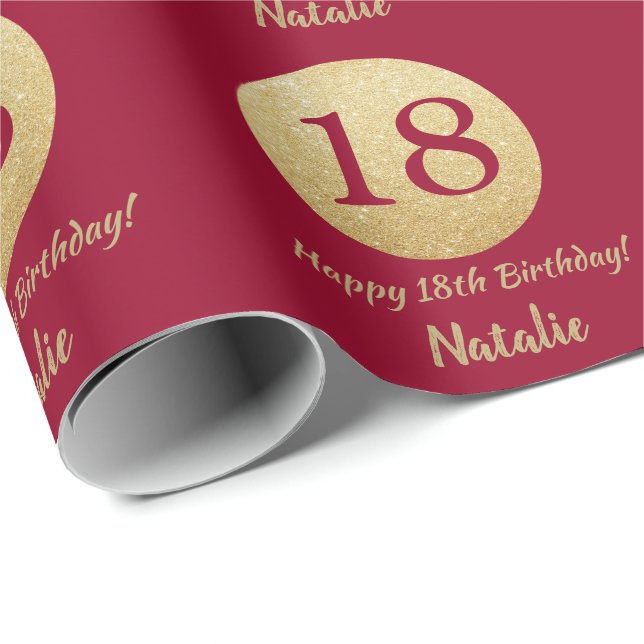 Lycklig 18:e födelsedagen Burgundy Red och Guld Gl Presentpapper (Rullad Hörn)
