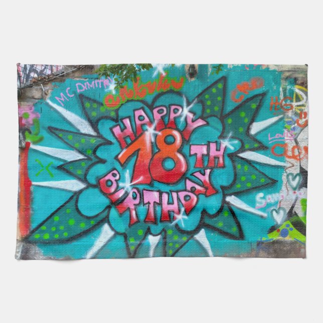 Lycklig 18:e födelsedagen Graffiti Kökshandduk (Horisontell)