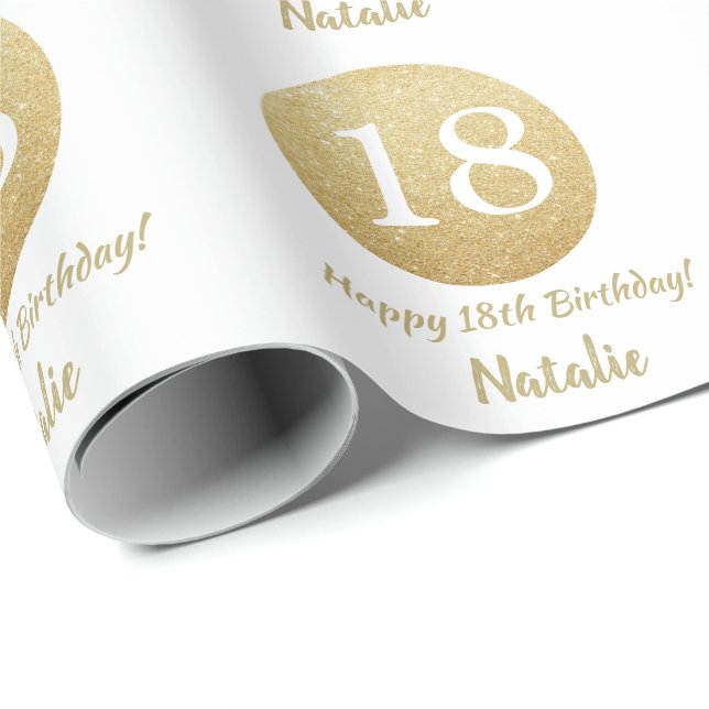 Lycklig 18:e födelsedagen Guld Glitter och Vita Presentpapper (Rullad Hörn)