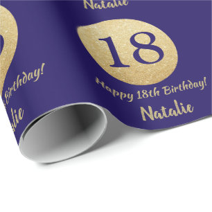 Lycklig 18:e födelsedagsblått och Guld Glitter Presentpapper