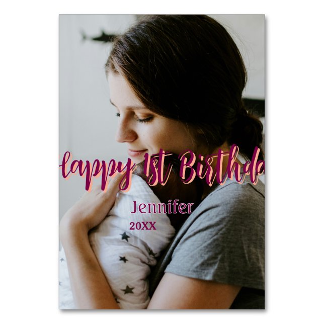 Lycklig 1:a födelsedag barn baby mor röd orange st bordsnummer (Framsidan)