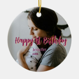 Lycklig 1:a födelsedag barn baby mor röd orange st julgransprydnad keramik