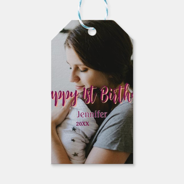 Lycklig 1:a födelsedag barn baby mor röd orange st presentetikett (Framsidan)