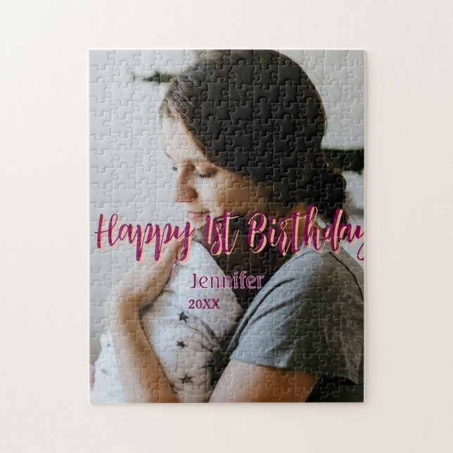 Lycklig 1:a födelsedag barn baby mor röd orange st pussel (Vertikal)