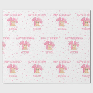 Lycklig 1:a födelsedag Cute Little Rosa Bear Girl Presentpapper