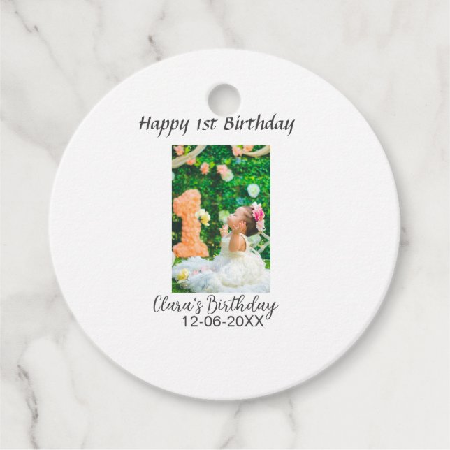 Lycklig 1:a födelsedag, fotoenkel elegant cutemode gåvor etiketter (Framsida)