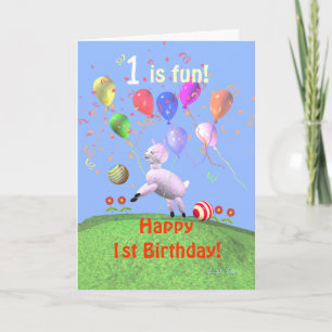 Lycklig 1:a födelsedag Lamb och ballonger Kort