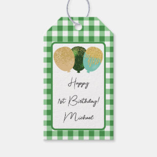 Lycklig 1:a födelsedag och Grönt Gingham & Balloon Presentetikett