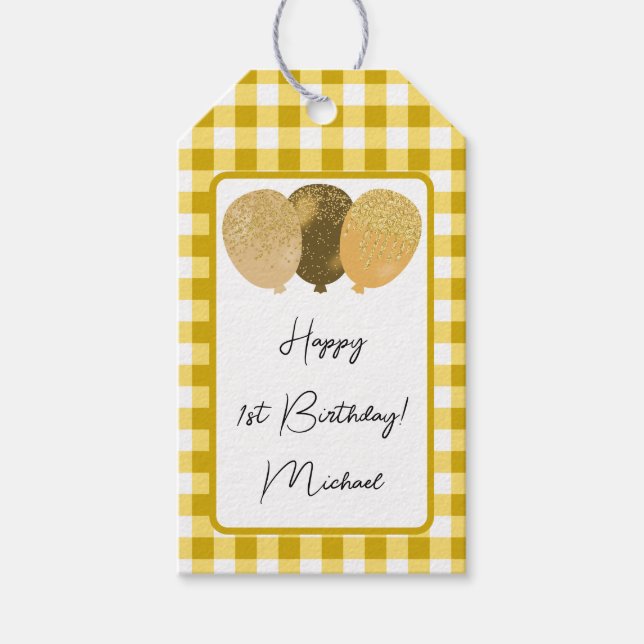Lycklig 1:a födelsedag och Gult Gingham & Balloons Presentetikett (Framsidan)