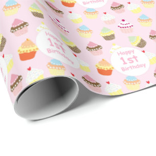 Lycklig 1:a födelsedag Rosa Gift Wrap Presentpapper