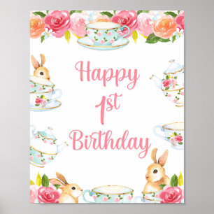 Lycklig 1:a födelsedag Tea Party-tecken Poster