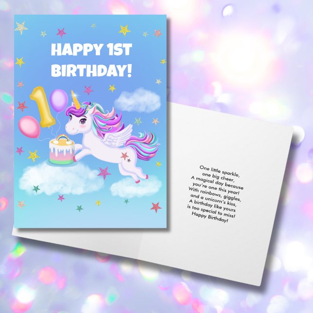 Lycklig 1:a födelsedag Unicorn med födelsedagskumm Kort (Skapare uppladdad)