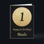 Lycklig 1:a födelsedagen Black och Guld Glitter Kort<br><div class="desc">Lycklig 1:a födelsedagskortet Black och Guld Glitter med personlig namn. Om du vill göra ytterligare anpassningar klickar du på knappen "Anpassa" och användor verktyg som är utformat för att ändra mallen.</div>