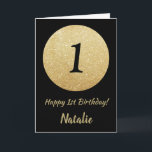 Lycklig 1:a födelsedagen Black och Guld Glitter Kort<br><div class="desc">Lycklig 1:a födelsedagskortet Black och Guld Glitter med personlig namn. Om du vill göra ytterligare anpassningar klickar du på knappen "Anpassa" och användor verktyg som är utformat för att ändra mallen.</div>
