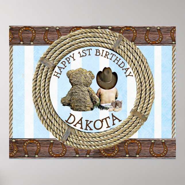 Lycklig 1:a födelsedagen Cowboy and Nalle Boy's Poster (Framsidan)