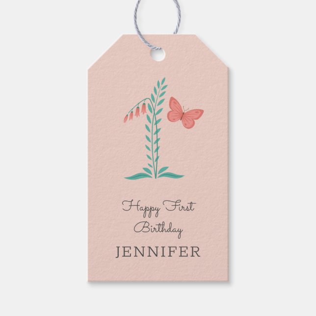 Lycklig 1:a födelsedagen Flicka Butterfly Blommigt Presentetikett (Framsidan)