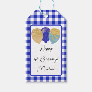 Lycklig 1:a födelsedagen och Blue Gingham & Balloi Presentetikett