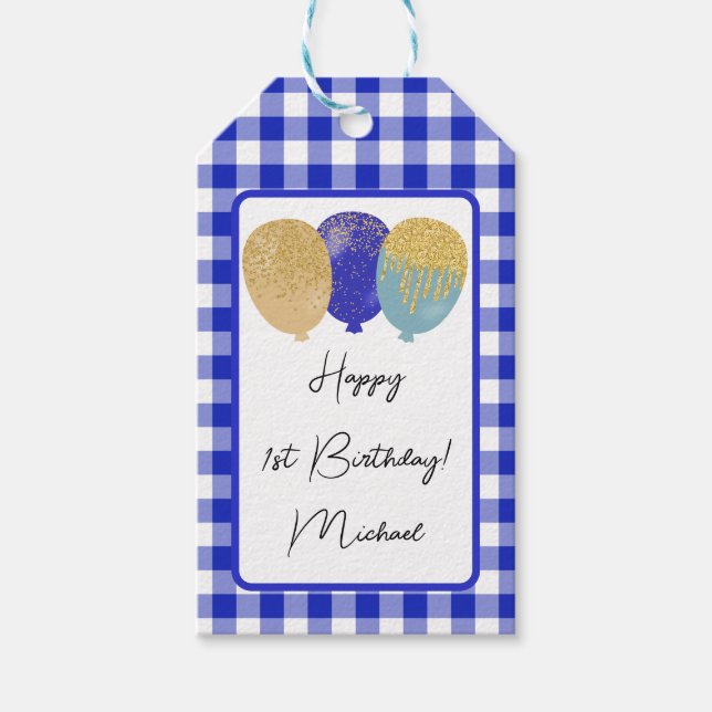 Lycklig 1:a födelsedagen och Blue Gingham & Balloi Presentetikett (Framsidan)