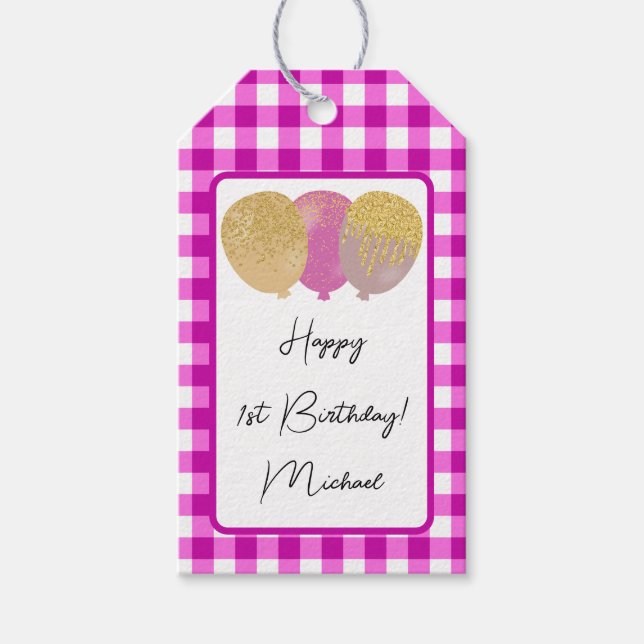 Lycklig 1:a födelsedagen och Rosa Gingham & Balloo Presentetikett (Framsidan)