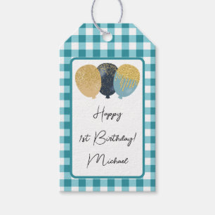 Lycklig 1:a födelsedagen och Teal Blue Gingham & B Presentetikett