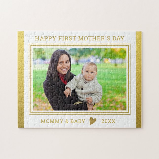 Lycklig 1:a Mors dag, Mamma och Baby, foto Guld Pussel (Horisontell)