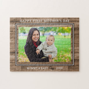 Lycklig 1:a Mors dag Mamma och Baby Fototrä Pussel